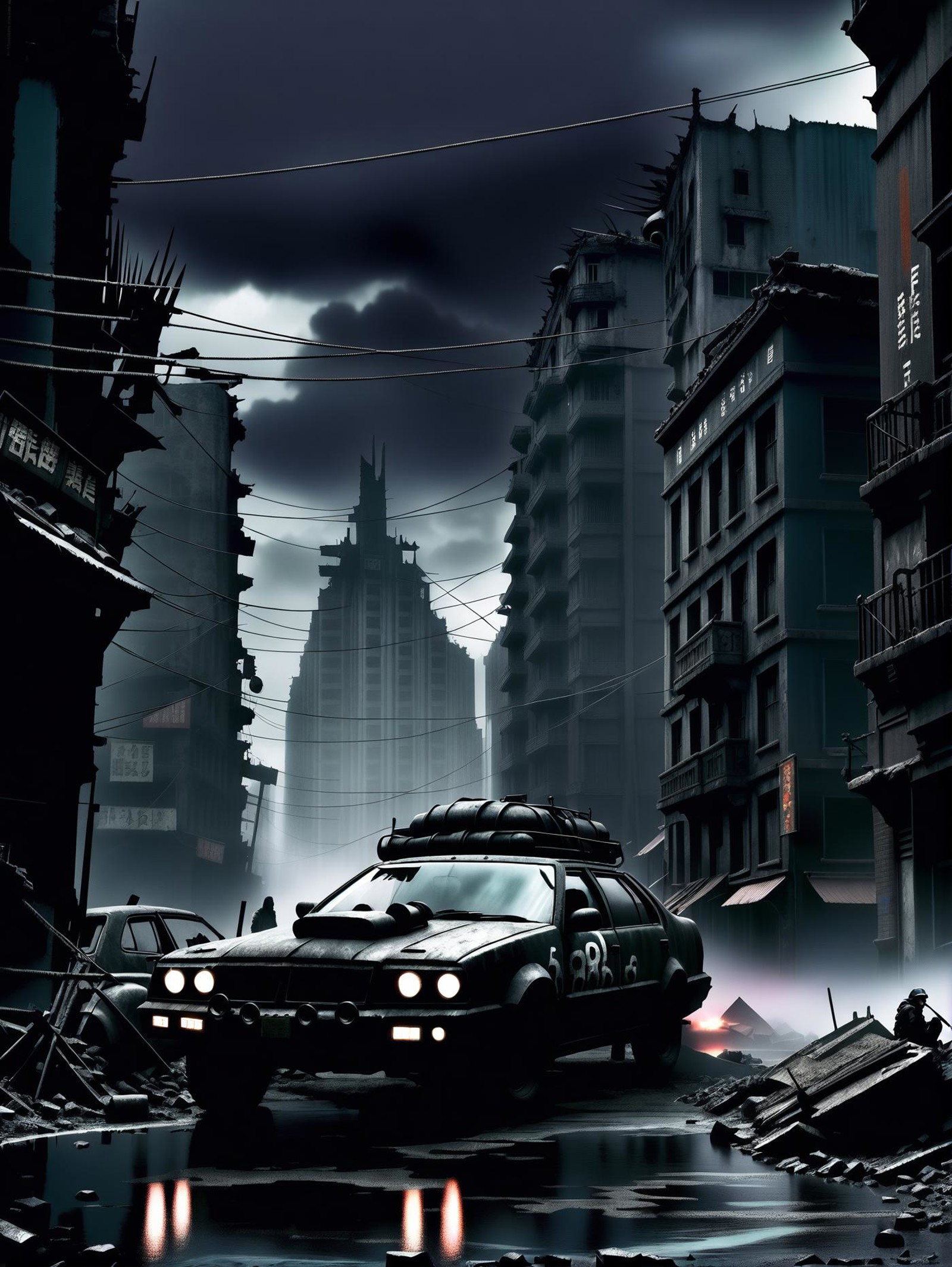 (dark anime art), post apocalyptical war car, dark city